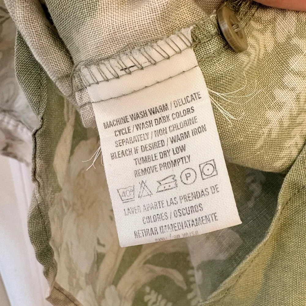 Liz Claiborne Liz Sport Green Linen Tropical Print Button Down Shirt Large